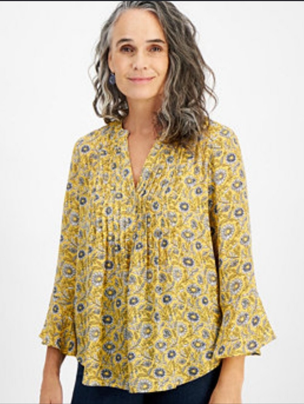 Style & Co NWT Large Yellow Floral Pintuck Blouse Boho Long Sleeve Tunic Top